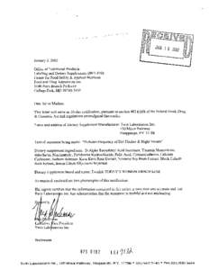 January 2,2002 Office of Nutritional Products Labeling and Dietary Supplements (HFS[removed]Center for Food Safety & Applied Nutrition Food and Drug Administration[removed]Paint Branch Parkway