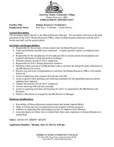 American Samoa Community College Human Resources Office EMPLOYMENT OPPORTUNITY Position Title: Employment Status: