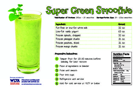 Super Green Smoothie Yield/Number of Portions: 190oz - 19 smoothies Servings-Portion Size: 19 - 10oz smoothies  Ingredients: