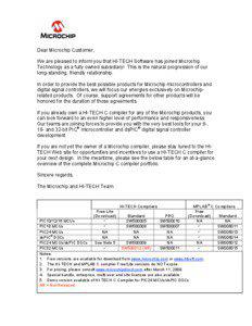 Dear Microchip Customer, We are pleased to inform you that HI-TECH Software has joined Microchip Technology as a fully owned subsidiary! This is the natural progression of our