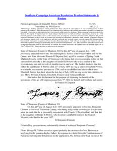 Southern Campaign American Revolution Pension Statements & Rosters Pension application of Daniel B. Perrow R8123 Transcribed by Will Graves  f13VA