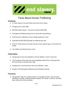 Facts About Human Trafficking Worldwide ● 27 million slaves in the world. More than at any time in history