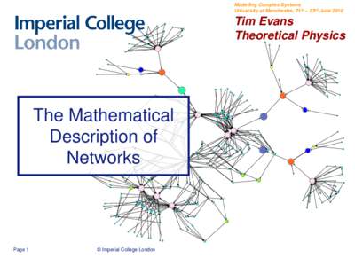 Modelling Complex Systems University of Manchester, 21st – 23rd June 2010 Tim Evans Theoretical Physics