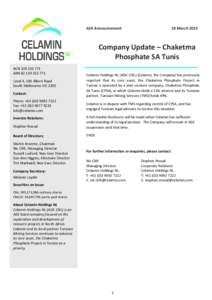 ASX Announcement  18 March 2015 Company Update – Chaketma Phosphate SA Tunis