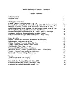 Chinese Theological Review: Volume 14 Table of Contents Table of Contents From the Editor  1