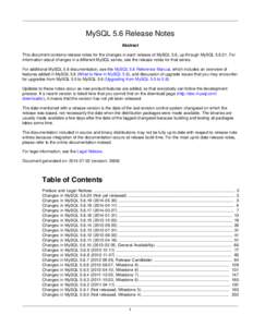 MySQL 5.6 Release Notes Abstract This document contains release notes for the changes in each release of MySQL 5.6, up through MySQL[removed]For information about changes in a different MySQL series, see the release note