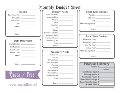 Monthly Budget Sheet Income 	 Take Home Pay Dividends