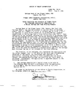 OFFICE OF TERIFT SUPERVISION  Order No[removed]Date: July 8, 1996 Savings Bank of the Finger Lakes, FSB Geneva, New York