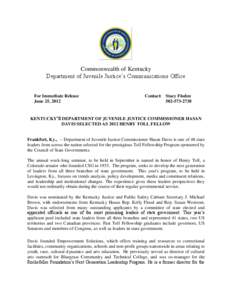 Commonwealth of Kentucky Department of Juvenile Justice’s Communications Office For Immediate Release June 25, 2012