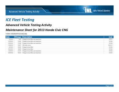ICE Fleet Testing Advanced Vehicle Testing Activity Maintenance Sheet for 2013 Honda Civic CNG VIN# 19XFB5F55CE002486 Date