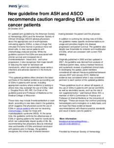 New guideline from ASH and ASCO recommends caution regarding ESA use in cancer patients