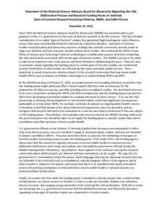 Statement of the National Science Advisory Board for Biosecurity Regarding the USG Deliberative Process and Research Funding Pause on Selected Gain-of-Function Research Involving Influenza, MERS, and SARS Viruses