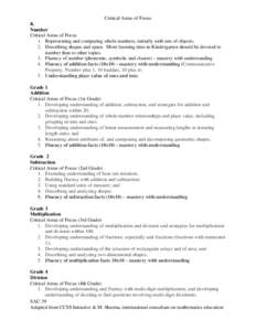 Critical Areas of Focus K Number Critical Areas of Focus 1. Representing and comparing whole numbers, initially with sets of objects; 2. Describing shapes and space. More learning time in Kindergarten should be devoted t