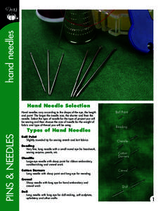 hand needles Hand Needle Selection Hand needles vary according to the shape of the eye, the length and point. The larger the needle size, the shorter and finer the needle. Select the type of needle for the type of projec