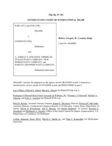 Slip Op[removed]UNITED STATES COURT OF INTERNATIONAL TRADE PAM, S.P.A and JCM, LTD., Plaintiffs, v. Before: Gregory W. Carman, Judge