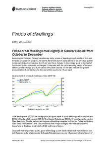 Housing[removed]Prices of dwellings 2010, 4th quarter  Prices of old dwellings rose slightly in Greater Helsinki from