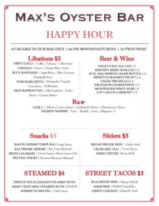 HAPPY HOUR AVAILABLE IN OUR BAR ONLY | 4-6 PM MONDAY-SATURDAY | 1-6 PM SUNDAY Libations $5  DIRTY LOCO | Vodka |Tabasco | Olive Juice