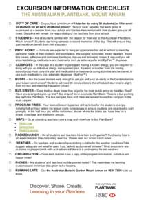 EXCURSION INFORMATION CHECKLIST THE AUSTRALIAN PLANTBANK, MOUNT ANNAN □ DUTY OF CARE – Do you have a minimum of 1 teacher for every 30 students (or 1 for every 25 students for an early childhood group)? ‘Duty of Ca