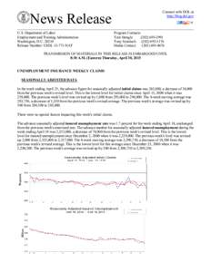 News Release U.S. Department of Labor Employment and Training Administration Washington, D.CRelease Number: USDLNAT