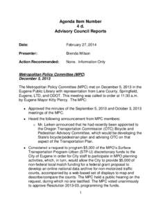 Agenda Item Number 4 d. Advisory Council Reports Date:  February 27, 2014