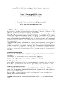 Antoine Lilti et Céline Spector ont le plaisir de vous annoncer la parution de  Penser l’Europe au XVIIIe siècle: commerce, civilisation, empire  Oxford, Oxford University Studies on the Enlightenment, 2014