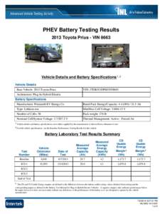 PHEV Battery Testing Results 2013 Toyota Prius - VIN 8663 Vehicle Details and Battery Specifications¹‫ގ‬² Vehicle Details Base Vehicle: 2013 Toyota Prius