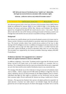 , V2.1  CJEU Advocate General: Facebook privacy “model case“ admissible, but legal succession between consumers kills consumer rights. Schrems: „Collective redress only within EU member states?” First