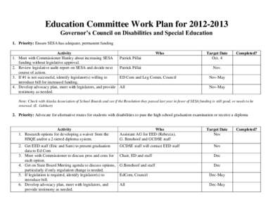 Education Committee Work Plan for[removed]Governor’s Council on Disabilities and Special Education 1. Priority: Ensure SESA has adequate, permanent funding Activity 1. Meet with Commissioner Hanley about increasing S