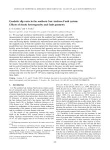 JOURNAL OF GEOPHYSICAL RESEARCH: SOLID EARTH, VOL. 118, 689–697, doi:[removed]2012JB009358, 2013  Geodetic slip rates in the southern San Andreas Fault system: Effects of elastic heterogeneity and fault geometry E. O. L