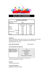 BLUE LUNA LEMONADE NUTRITION INFORMATION Servings per package: 1 70 ml Serving size: