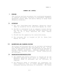 ANNEX A COMMAND AND CONTROL I. PURPOSE This function provides procedures for coordinated management