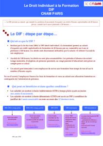 Le Droit Individuel à la Formation DIF CNAM PARIS « Le DIF permet au salarié qui remplit la condition d’ancienneté d’acquérir un crédit d’heures capitalisables de 20 heures par an, cumulé sur 6 ans et plafon