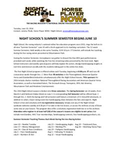 THE RACING INDUSTRY’S NATIONAL ONLINE FAN EDUCATION PROGRAM Tuesday, June 10, 2014 Contact: Jeremy Plonk, Horse Player NOW / Night School, [removed] NIGHT SCHOOL’S SUMMER SEMESTER BEGINS JUNE 10 Night