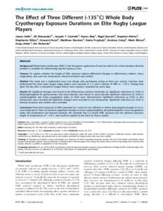 The Effect of Three Different (-1356C) Whole Body Cryotherapy Exposure Durations on Elite Rugby League Players James Selfe1, Jill Alexander2*, Joseph T. Costello3, Karen May2, Nigel Garratt4, Stephen Atkins5, Stephanie D