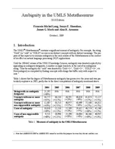 Ambiguity in the UMLS Metathesaurus 2010 Edition Francois-Michel Lang, Sonya E. Shooshan, James G. Mork and Alan R. Aronson October1, 2009