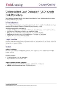 Course Outline Collateralized Loan Obligation (CLO) Credit Risk Workshop Using transaction examples, identify critical factors in evaluating CLO credit risks and improve your market knowledge of this resurgent product.