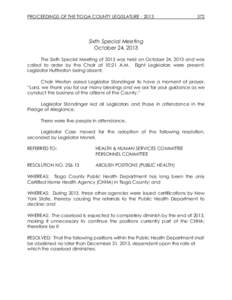 PROCEEDINGS OF THE TIOGA COUNTY LEGISLATURE[removed]Sixth Special Meeting October 24, 2013