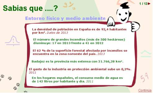 Sabías que ....?  Entorno físico y medio ambiente La densidad de población en España es de 91,8 habitantes