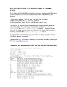 NOTICE TO UNAVCO GPS DATA PRODUCT USERS: FILE FORMAT UPDATE On 25 March 2013, UNAVCO and the Plate Boundary Observatory GPS Analysis Center Coordinator will implement a file format update to the following data products: 