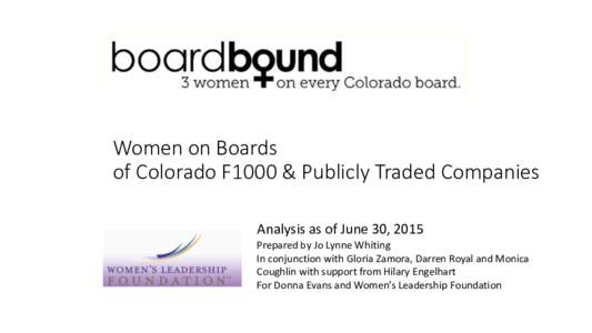 Women on Boards of Colorado F1000 & Publicly Traded Companies Analysis as of June 30, 2015 Prepared by Jo Lynne Whiting In conjunction with Gloria Zamora, Darren Royal and Monica Coughlin with support from Hilary Engelha