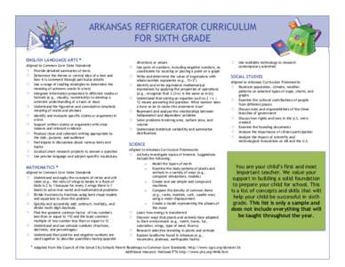 ARKANSAS REFRIGERATOR CURRICULUM FOR SIXTH GRADE ENGLISH LANGUAGE ARTS * Aligned to Common Core State Standards  Provide detailed summaries of texts  Determine the theme or central idea of a text and