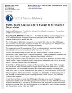 NCUA Board Approves 2010 Budget to Strengthen Supervision