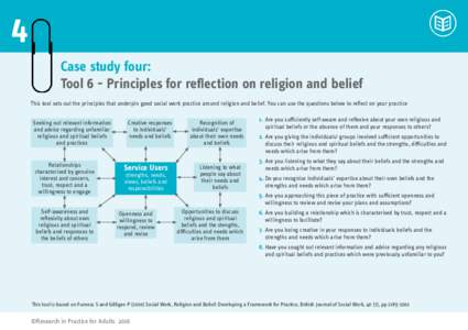 4 Case study four: Tool 6 - Principles for reflection on religion and belief This tool sets out the principles that underpin good social work practice around religion and belief. You can use the questions below to reflec