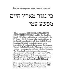 The Six Most Important Words You Will Ever Read  ‫כי נגזר מארץ חיים‬ ‫מפשע עמי‬ These words read KEE NEEGZAR MAYERETZ CHAYYIM MEEPAYSHAH AMEE. The Dead Sea