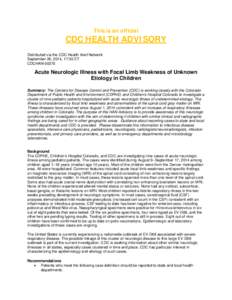 This is an official  CDC HEALTH ADVISORY Distributed via the CDC Health Alert Network September 26, 2014, 17:00 ET CDCHAN-00370