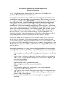 2013 Survey of Employers and Site Supervisors Executive Summary For AY 2013, a survey was distributed to site supervisors and employers of graduates. The results are summarized below. Respondents were asked to compare UN