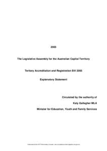2003  The Legislative Assembly for the Australian Capital Territory Tertiary Accreditation and Registration Bill 2003