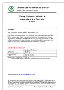 Queensland Parliamentary Library Research and Information Service Weekly Economic Indicators: Queensland and Australia[removed]