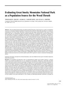 Evaluating Great Smoky Mountains National Park as a Population Source for the Wood Thrush THEODORE R. SIMONS*, GEORGE L. FARNSWORTH, AND SUSAN A. SHRINER Cooperative Fish and Wildlife Research Unit, Department of Zoology