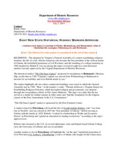 Department of Historic Resources (www.dhr.virginia.gov) For Immediate Release July 3, 2014 Contact: Randy Jones